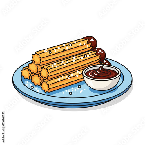 Churros with chocolate dip on a blue plate, sprinkled with sugar, delicious dessert
