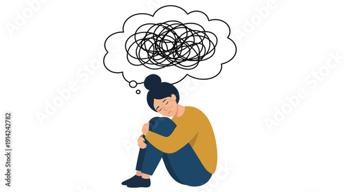 A cartoon woman sits on the floor with her arms wrapped around her knees, looking worried and stressed with a tangled thought bubble above her head, symbolizing anxiety and mental health.