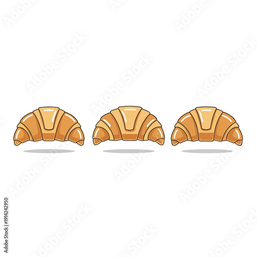 Three golden croissants arranged in a row on a white background, breakfast pastry