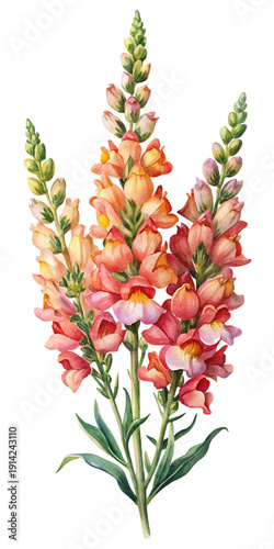 Watercolor painting of three colorful Snapdragon flower stalks against a black backdrop