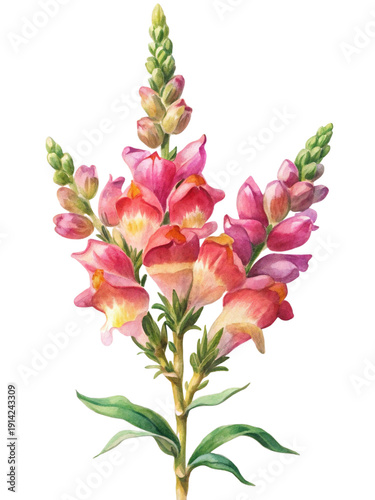 Elegant watercolor painting of pink snapdragon flowers with green leaves on black