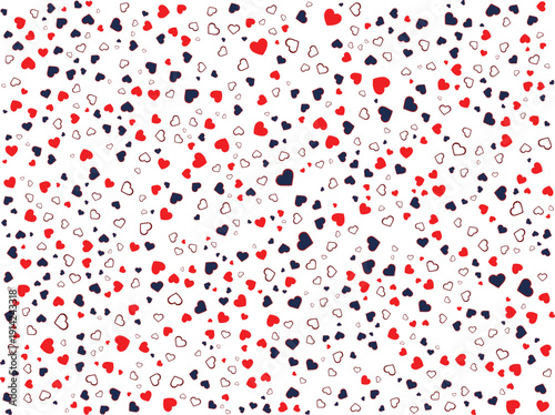 Scattered vector hearts in solid red, navy blue, and outlined white create a seamless romantic pattern on a clean background, ideal for digital paper or textile design.