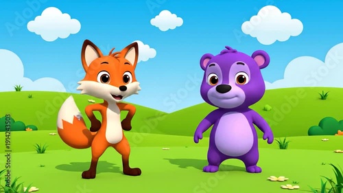 Friendly animated fox and purple bear standing on green meadow background seamless loop