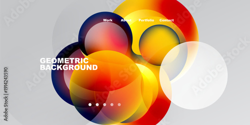 Abstract colorful shapes overlap, creating dynamic visual effect. Text labels indicate website sections work, about, portfolio, contact.