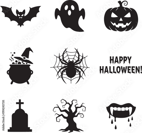 Halloween Silhouette Icon Set - Spooky Vector Elements for Party Decor and Graphic Design