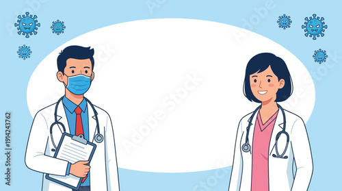 Two smiling doctors, a man and a woman, wearing medical coats and stethoscopes, standing against a light blue background with virus particles, conveying a sense of healthcare and safety.