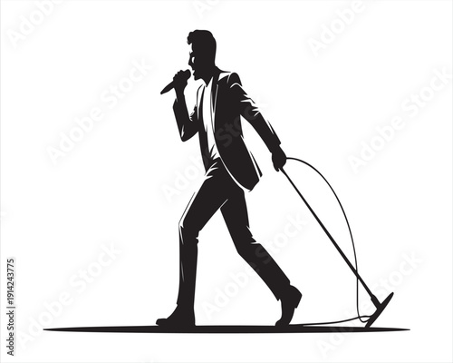 Male Singer Performing with Microphone on Stage Silhouette Vector Illustration Black and White Music Concert Performance Concept