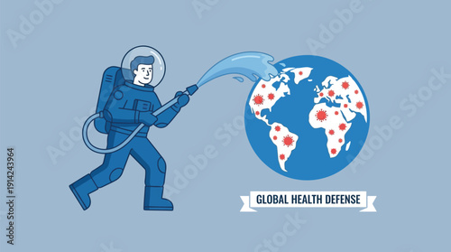 Global health defense concept with astronaut spraying disinfectant on Earth with red virus spots, symbolizing protection and safety measures against pandemic threats worldwide effectively.
