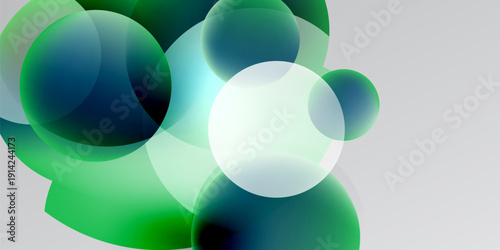 Abstract composition featuring overlapping translucent circles. Shades range from deep teal to bright lime, set against dark background.
