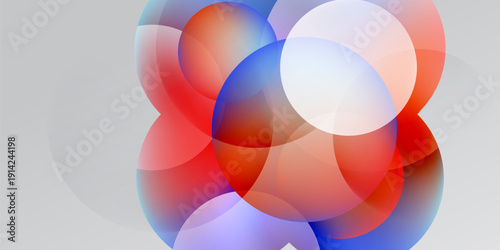 Abstract circles overlap, creating vibrant red, blue, white hues. Soft gradients suggest depth, form interesting shapes. Minimalist design.