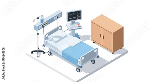 Hospital room with medical equipment and hospital bed in a clinical setting viewed from above