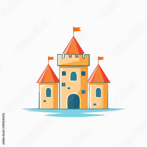 Whimsical Cartoon Castle Illustration with Orange Roofs and Flags on a Blue Base