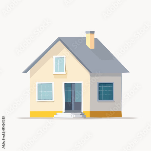 A cozy, light yellow, single-story house with a gray roof and a prominent chimney