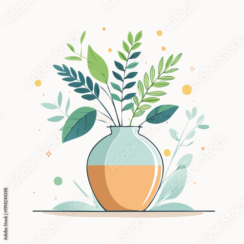 Elegant Vase Filled with Lush Green Leaves and Subtle Orange Hue