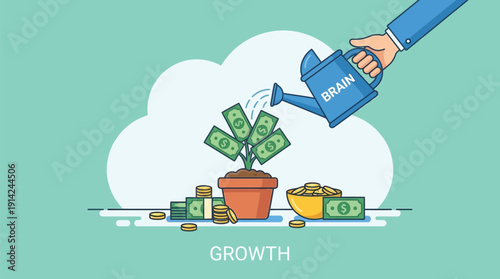 Business growth concept with hand watering plant with dollars growing in pot, surrounded by coins and bills, symbolizing financial success and investment.
