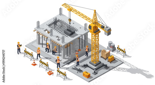 Construction site with crane and workers building a structure