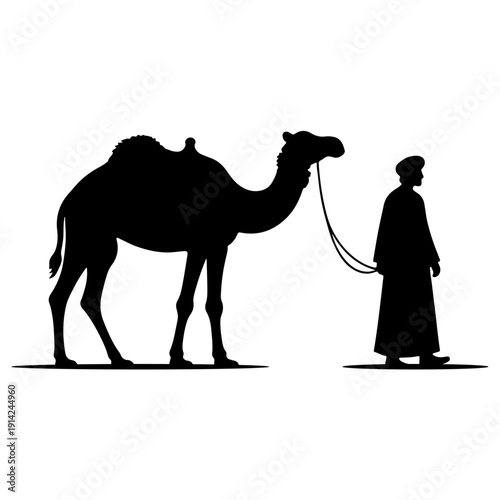 Silhouette of Desert Nomad Walking with Camel