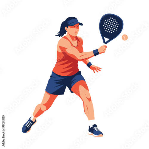 Woman playing padel tennis, hitting the ball with a racket, dynamic action shot