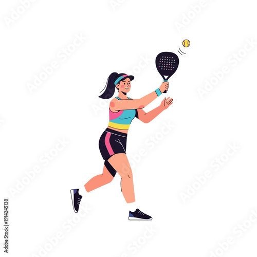 Woman playing padel tennis, hitting the ball with a racket, dynamic action shot