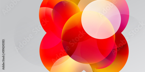 Abstract composition featuring overlapping spheres. Vibrant reds, oranges, whites create dynamic visual effect. Soft gradients, blurred edges present.