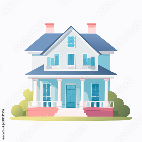 Beautiful illustration of a charming blue and white two-story house with a porch