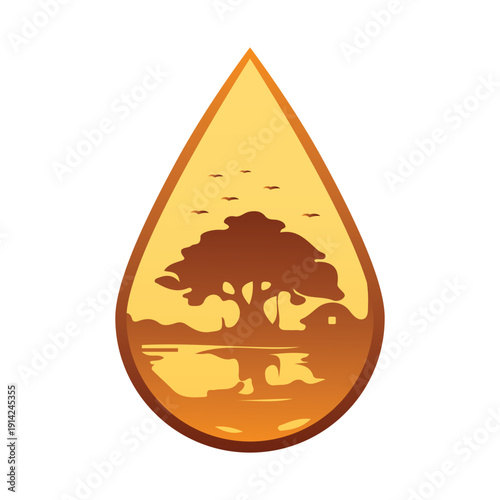 Surreal vector illustration of a golden tea drop containing a nostalgic village landscape with a banyan tree and river, minimalist double exposure conceptual art 1