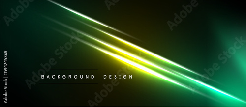 Abstract background features vibrant green, yellow light streaks. Dark space dominates composition, creating dynamic visual effect.