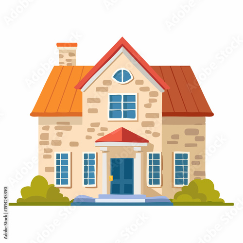 Charming Stone Cottage with Red Roof and Lush Green Bushes