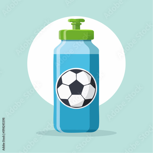 Blue water bottle with soccer ball graphic and green cap on light blue background