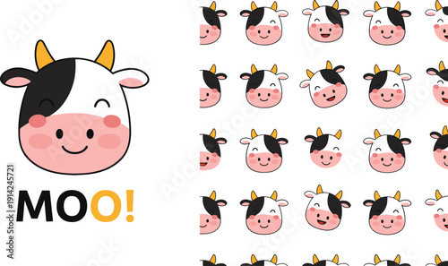 Cute kawaii cow face vector set with moo typography and seamless pattern, playful farm animal cartoon illustration for kids designs, nursery prints, and stickers