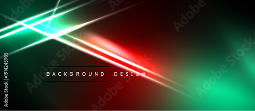 Abstract neon lines intersect dark space. Vibrant green, red hues create dynamic visual effect. Modern background design element.
