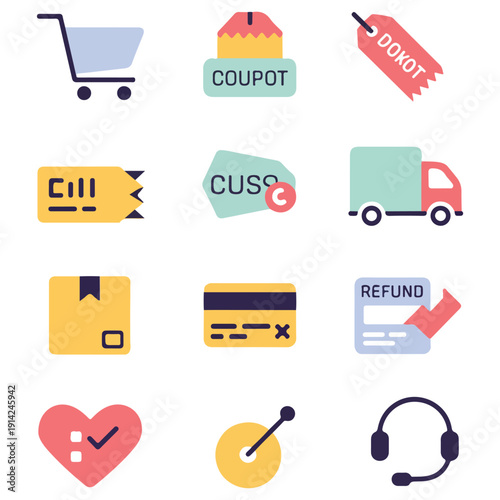 Flat E-Commerce Icon Set – Shopping, Payment, Delivery, and Support Vector