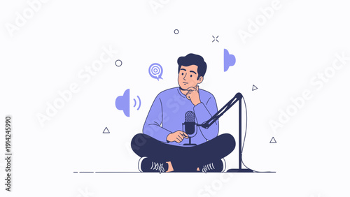 Man thinking about podcasting, recording audio with microphone, creative ideas, modern illustration