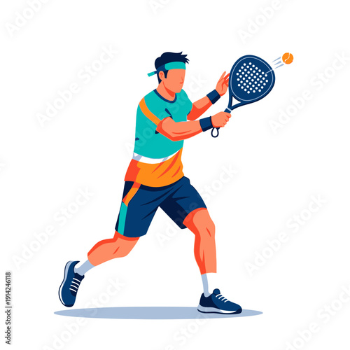 Man playing padel tennis, hitting the ball with a racket, dynamic action shot