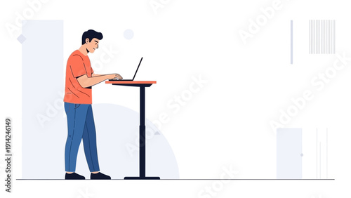 Man working on laptop at standing desk, modern office illustration
