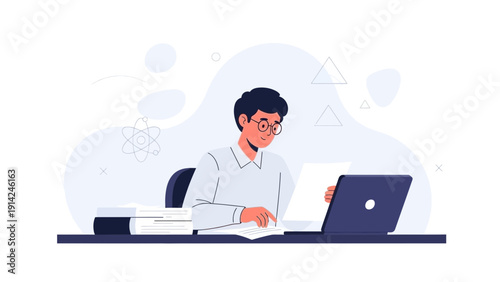 Man working on laptop at desk with books and papers, studying or remote work concept