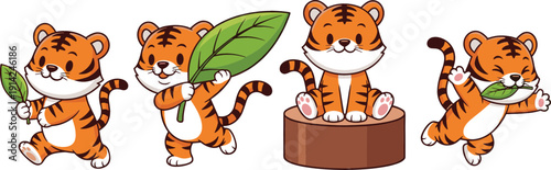 Cute kawaii tiger cub vector set with playful cartoon poses and leaves, adorable jungle animal illustrations for kids designs, nursery art, stickers, and prints