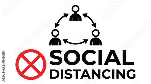 Social distancing violation concept with prohibited sign and people icons in a circular formation indicating close contact, emphasizing public health and safety measures.
