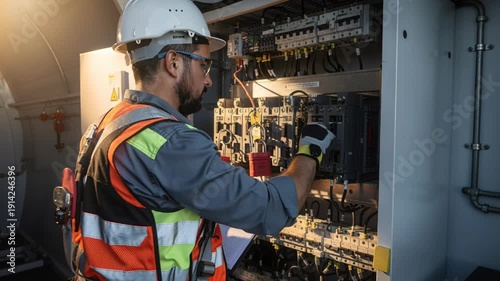 An electrician works on an open electrical panel in a wind turbine. Worker inspects components, ensures safety, and solves problems with expertise. Ideal for industry maintenance concepts