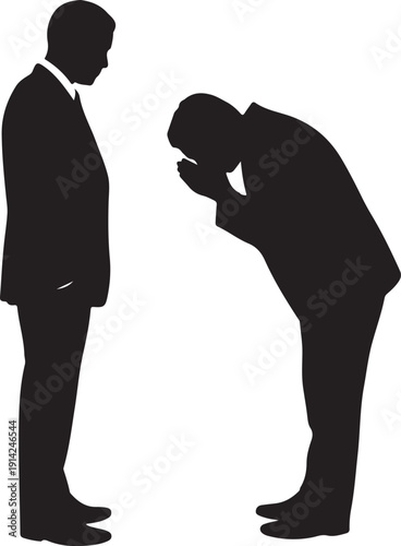 Business executive bowing in deep respect to senior colleague silhouette on transparent background