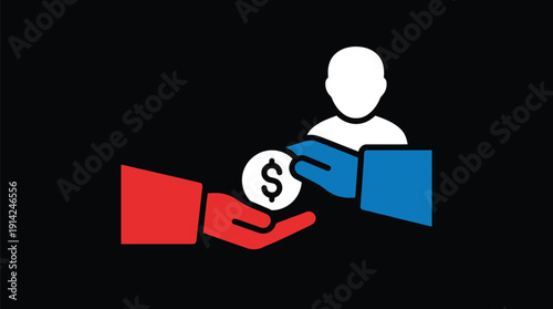 Hands exchanging money, symbolizing financial transaction, payment, and transfer of funds between individuals or businesses in a simple, modern, and minimalist style.