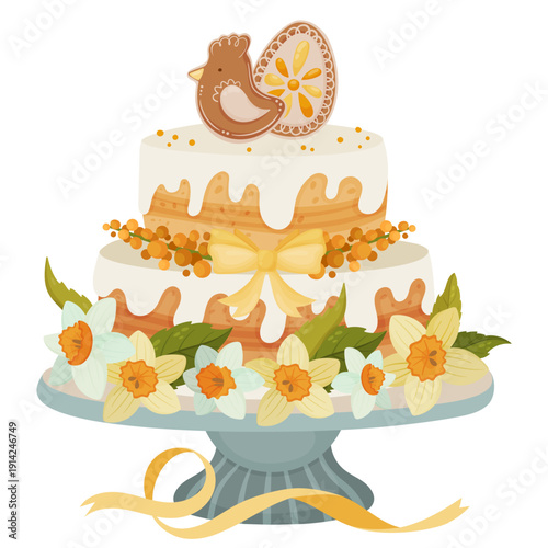 Festive two-tier Easter cake with white icing, featuring a gingerbread hen topper, yellow mimosa, and white daffodils. Digital hand-drawn holiday illustration on a pedestal stand, isolated on white
