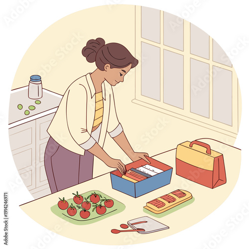 Organized Woman Preparing a Healthy Lunchbox with Fresh Ingredients at a Clean Kitchen Countertop for Work or School, Promoting Balanced Eating, Vector Illustration