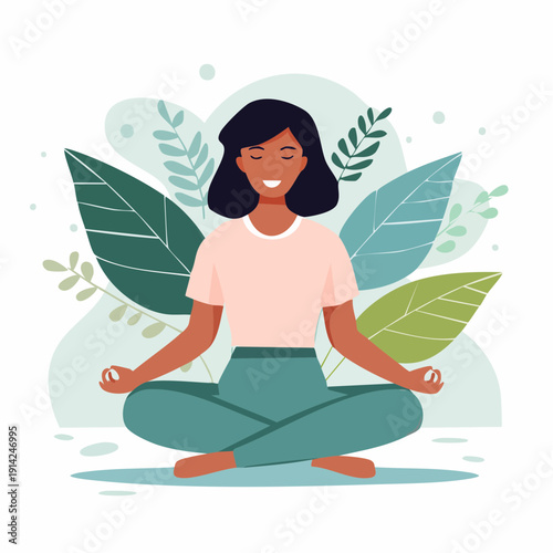 Woman meditating peacefully surrounded by lush green leaves, embracing inner calm