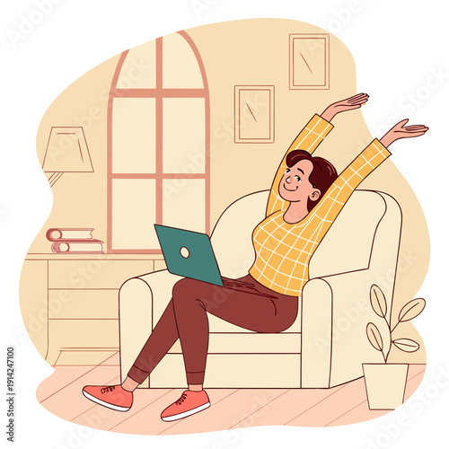 Mindful Woman Stretching Her Body After a Demanding Workday, Embracing Relaxation and Self-Care in the Comfort of Her Home.