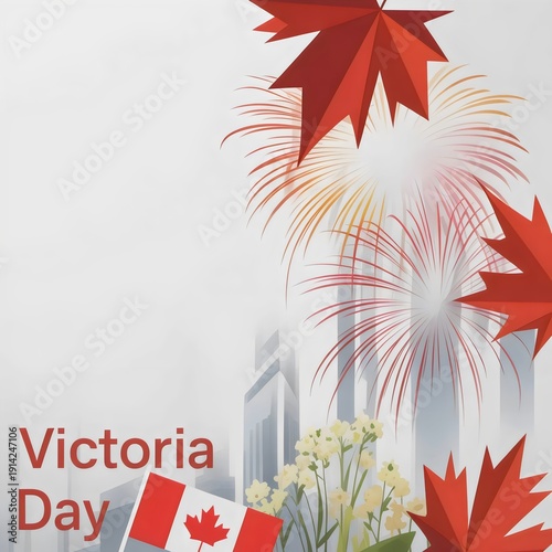 Minimalist Victoria Day Graphic Design with Abstract Geometric Maple Leaves Fireworks and Modern City Skyline Silhouettes