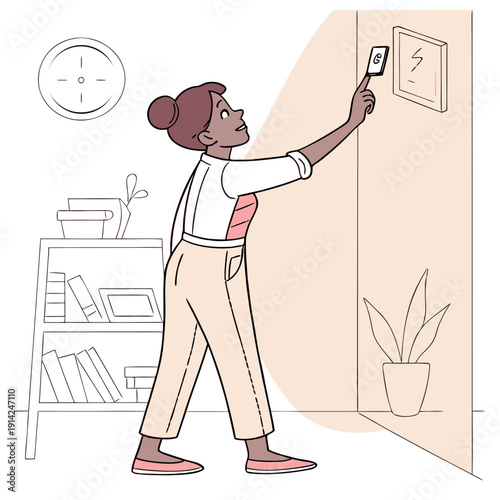 Conscientious Woman Switching Off a Light Switch to Save Electricity, Demonstrating Eco-Friendly Practices and Energy Conservation at Home.