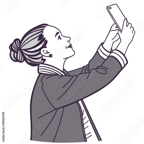 Trendy Woman Taking a Mirror Selfie with a Blank Phone Screen, Capturing a Moment of Self-Expression and Digital Lifestyle in Modern Fashion.
