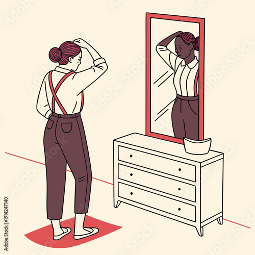 Young Woman Arranging Her Hair in Front of Mirror, Getting Ready for a Busy Work Day, Flat Illustration of Morning Ritual