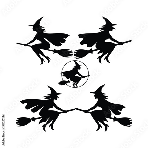 Set of Minimalist Witch Silhouettes Flying on Broomsticks – Vector Halloween Icons